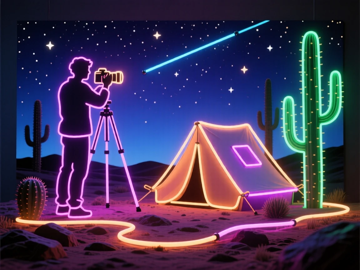 A stargazer photographing the night sky from a desert campsite.