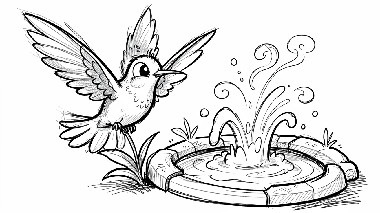 A hummingbird hovering by a flower near a bubbling hot spring.