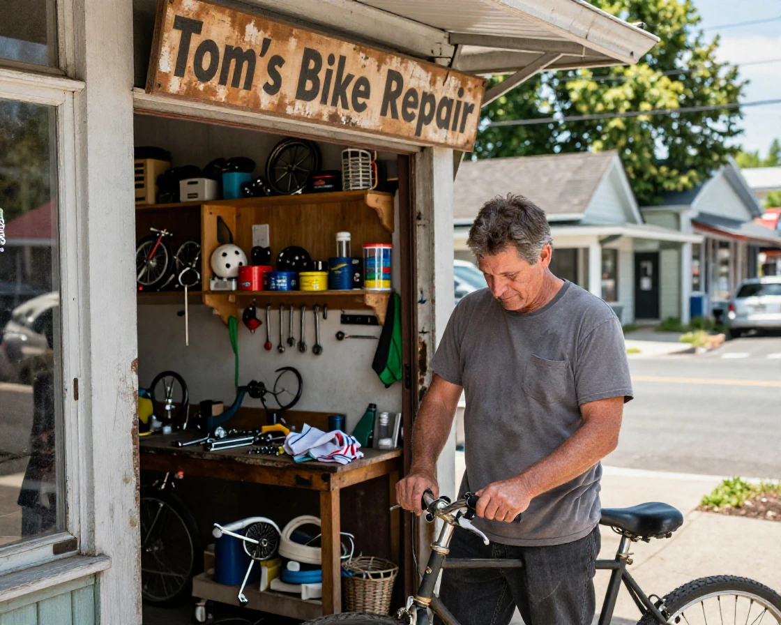 A man repairs a vintage bicycle in the doorway of his small neighborhood shop.