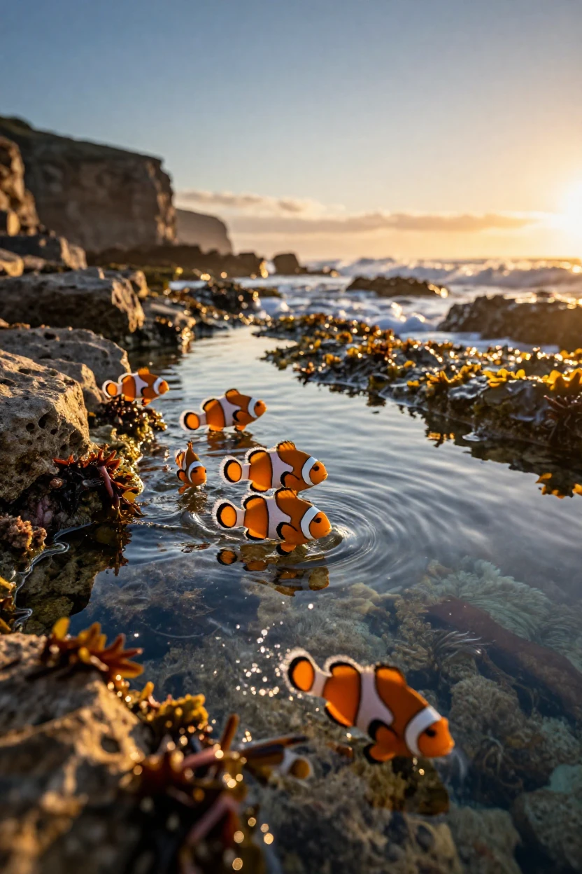 A school of clownfish chasing each other playfully across open ground along a rugged coastal shoreline as the day slowly fades
