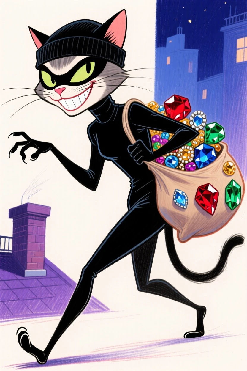 A sly fictional cat burglar in a black turtleneck, tiptoeing with a bag of jewels.