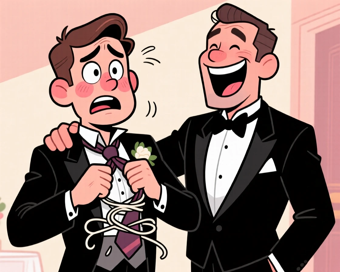 A funny expressive moment showing a groom fumbling nervously with his tie moments before the ceremony, best man laughing beside him.