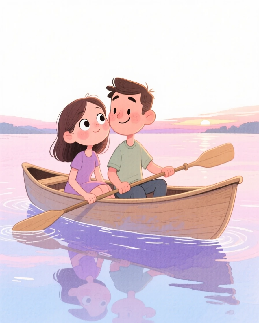 A couple on their first date sharing a canoe ride across a calm lake at dusk