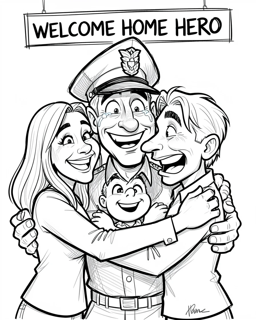 [Family & Relationship Moments] Heartwarming scene of a family welcoming home a soldier with a giant hug at the airport, radiating love and warmth