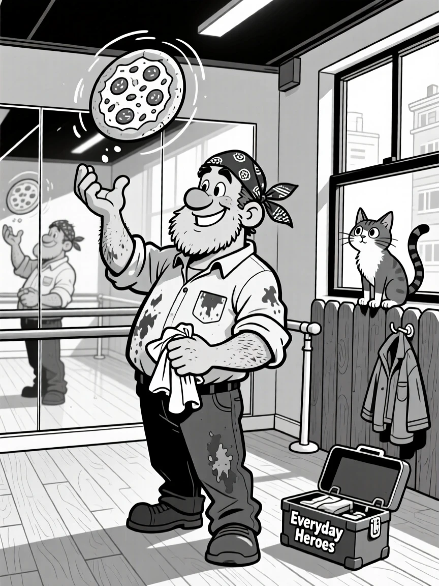 A gruff but kind mechanic wiping grease off his hands, tossing a pizza dough high into the air, set in a mirrored dance studio. A curious neighborhood cat watches from a fence. The scene celebrates the quiet heroism of everyday work.