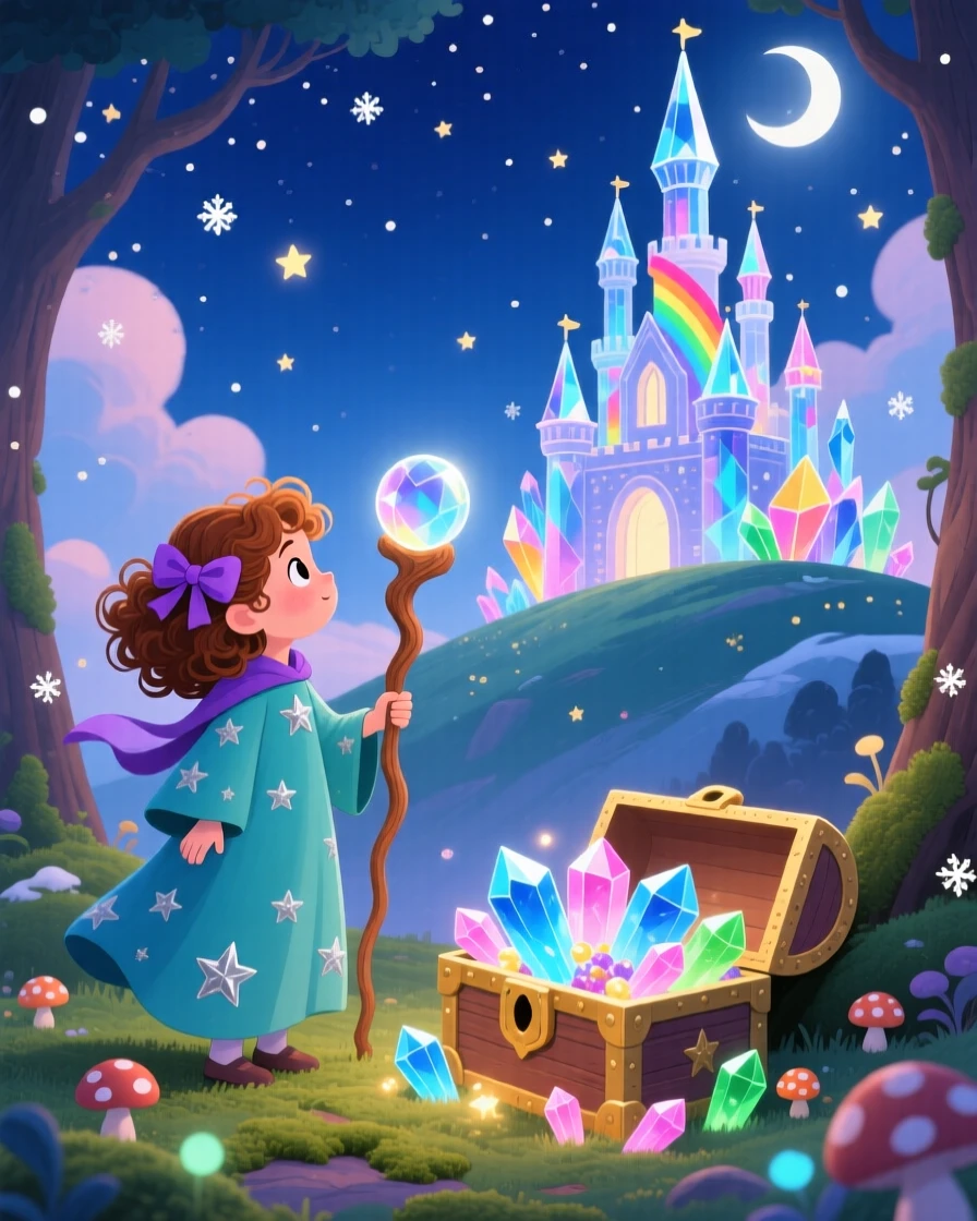 A young sorceress pauses from guarding a treasure of glowing crystals to marvel at a castle made of crystal, as tiny stars fall like snow.