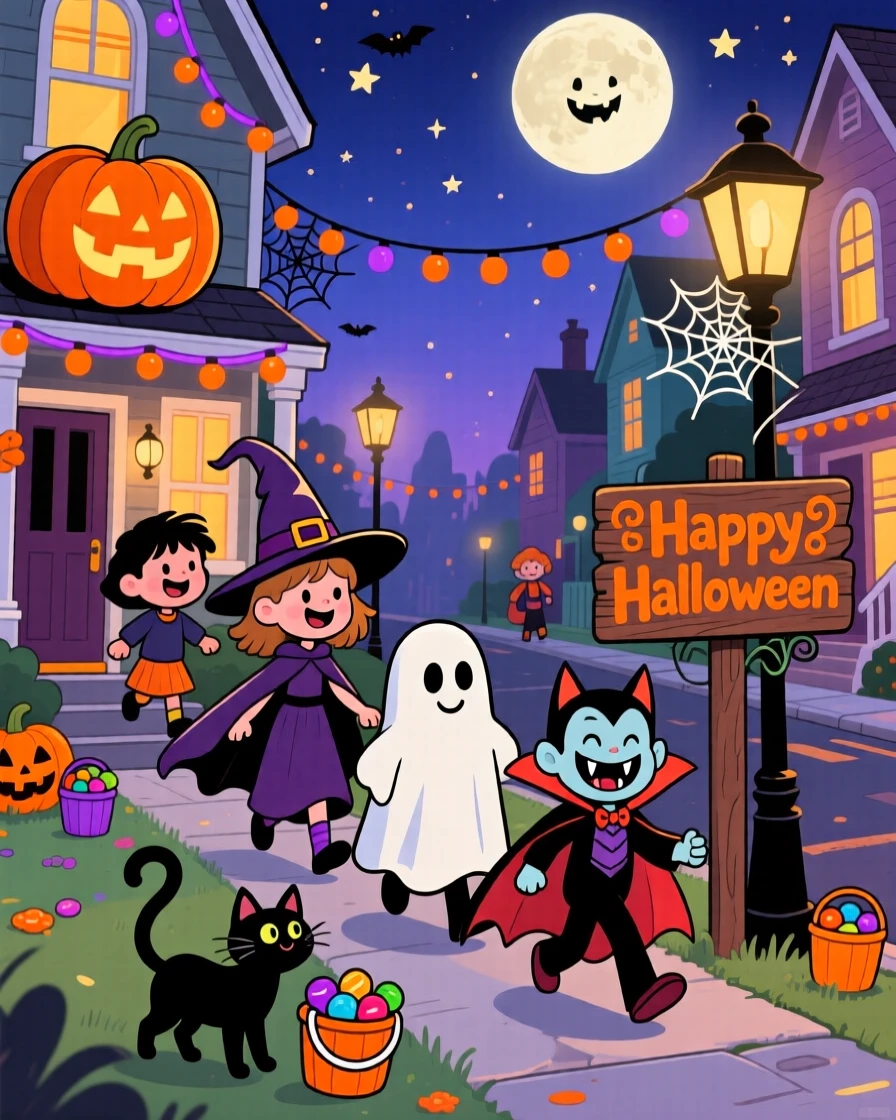 Trick-or-treaters walking through a street decorated for Halloween.