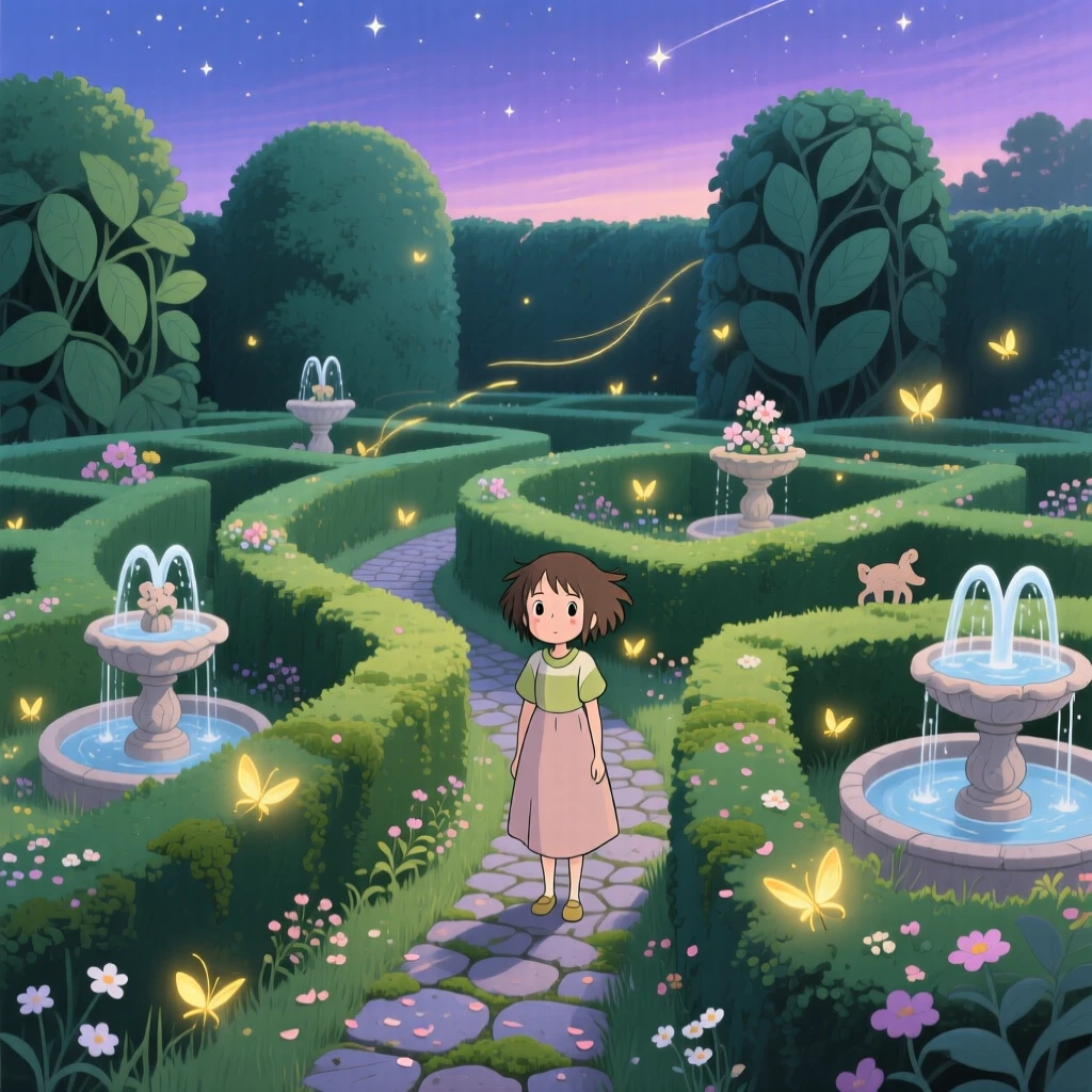 A garden maze of tall hedges and trickling fountains, fireflies drifting lazily through the air, creating a scene of quiet natural magic.