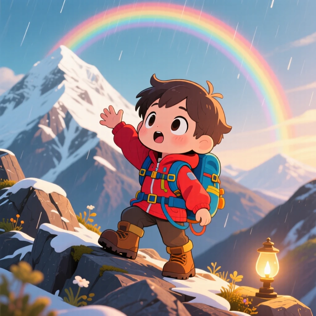 In a dramatic mountain ridge, a young mountaineer is reaching triumphantly for a snowy peak summit under a rainbow after the rain, bathed in warm lamplight, expression full of gentle surprise. Shot as a medium shot.