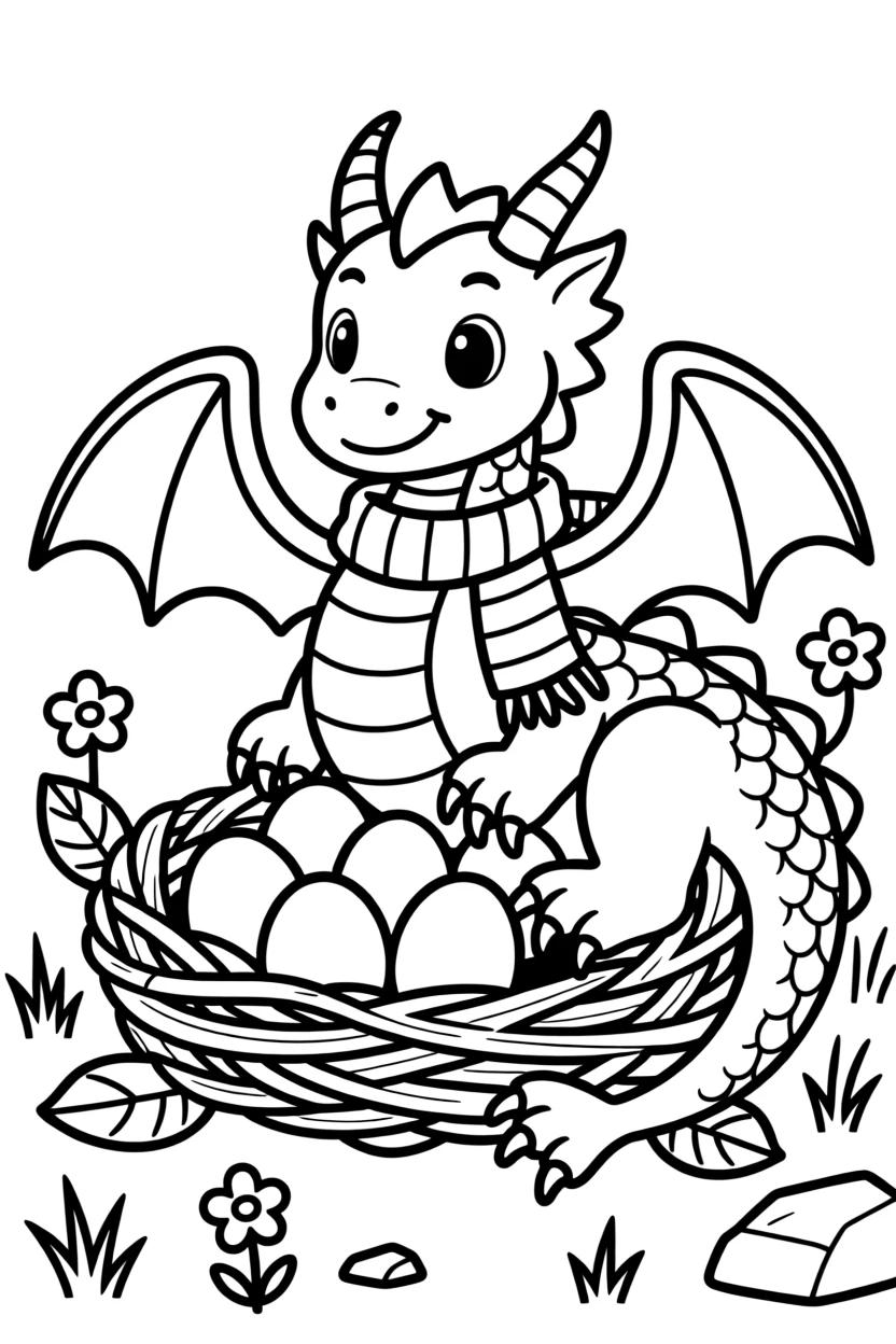 A dragon curled protectively around its nest of eggs