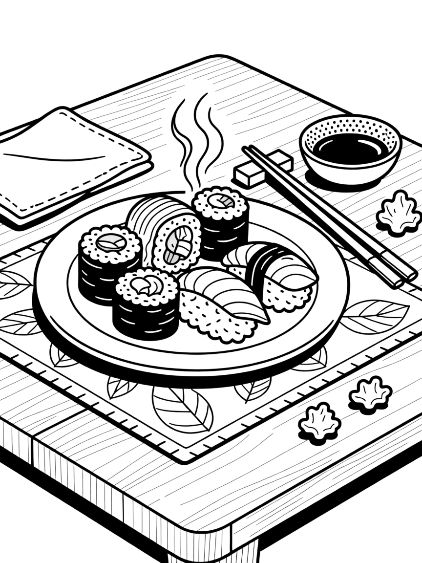 A plate of sushi rolls arranged with chopsticks, with steam rising gently into the air.
