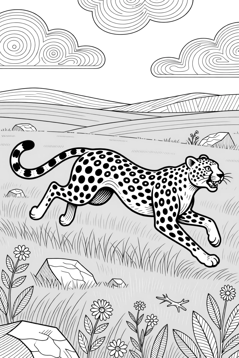 A cheetah mid-sprint across golden grassland.