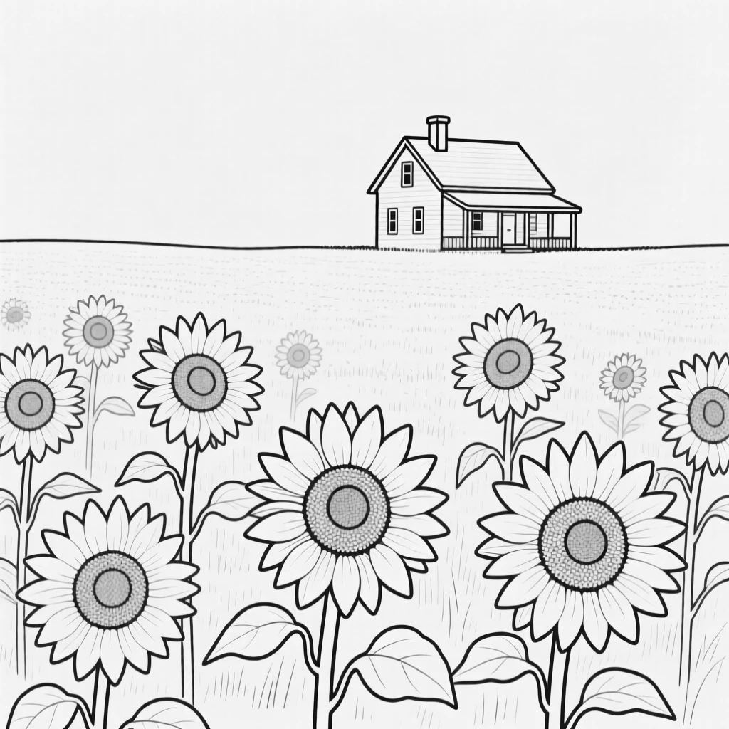 A field of sunflowers with a distant farmhouse