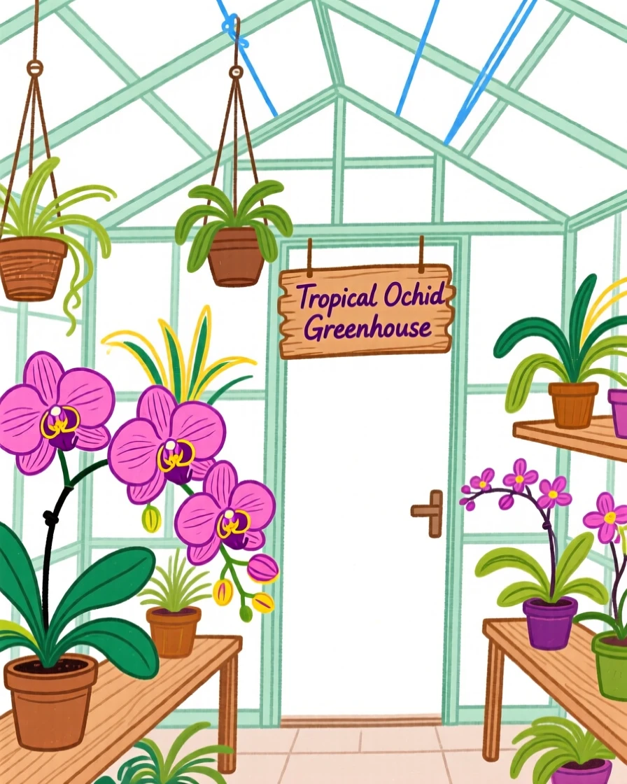 A greenhouse filled with tropical orchids.