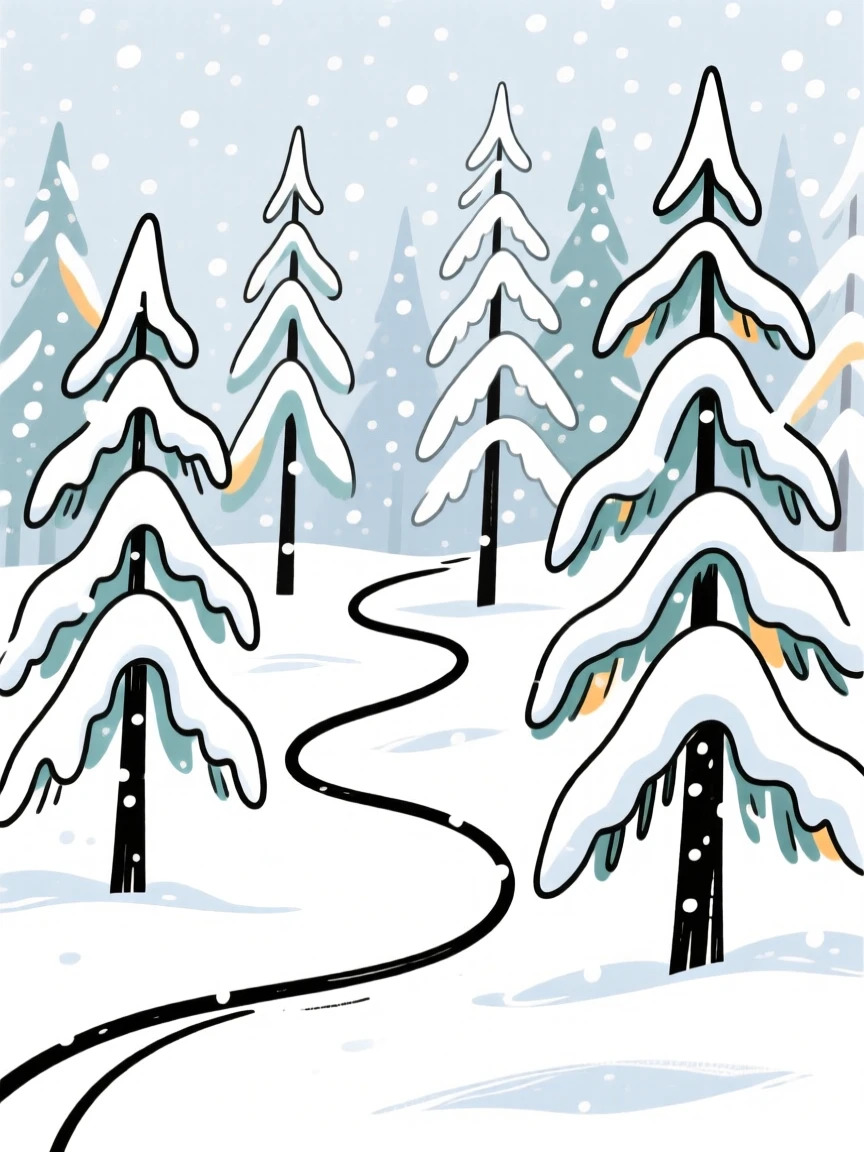 A snowy pine forest blanketed in fresh winter snowfall.