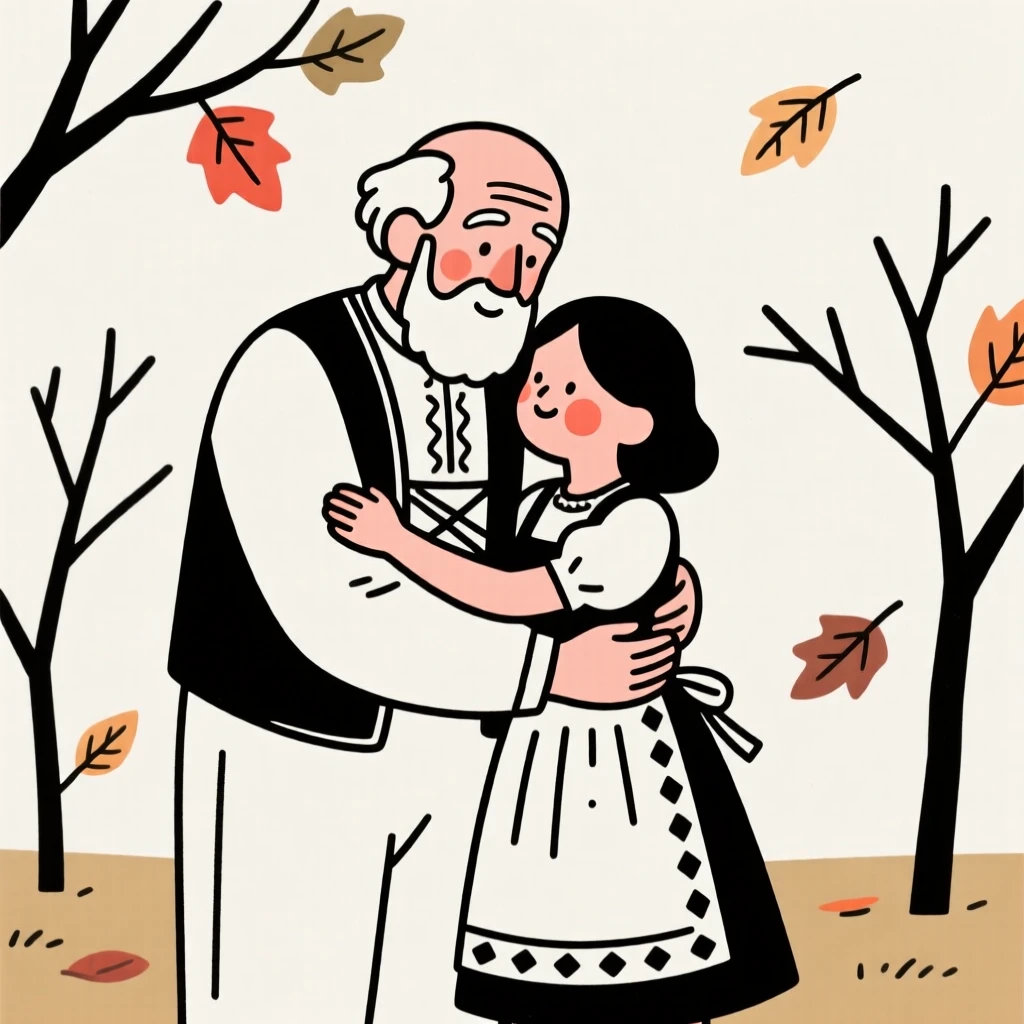 A grandfather of Moroccan heritage wearing a Bavarian dirndl, sharing a tender embrace, in an autumn orchard.