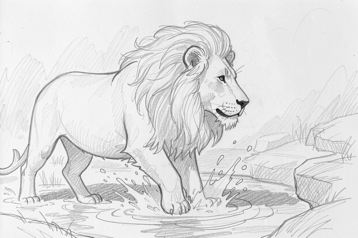 A heartwarming scene of a majestic lion with flowing mane splashing through a shallow stream, framed by soft morning mist.