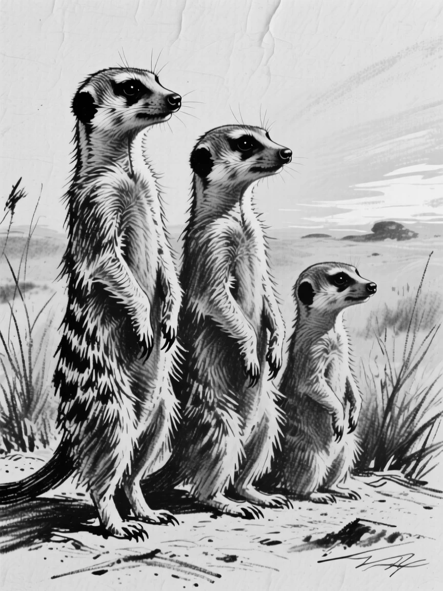 A meerkat family standing alert resting peacefully in golden afternoon light.