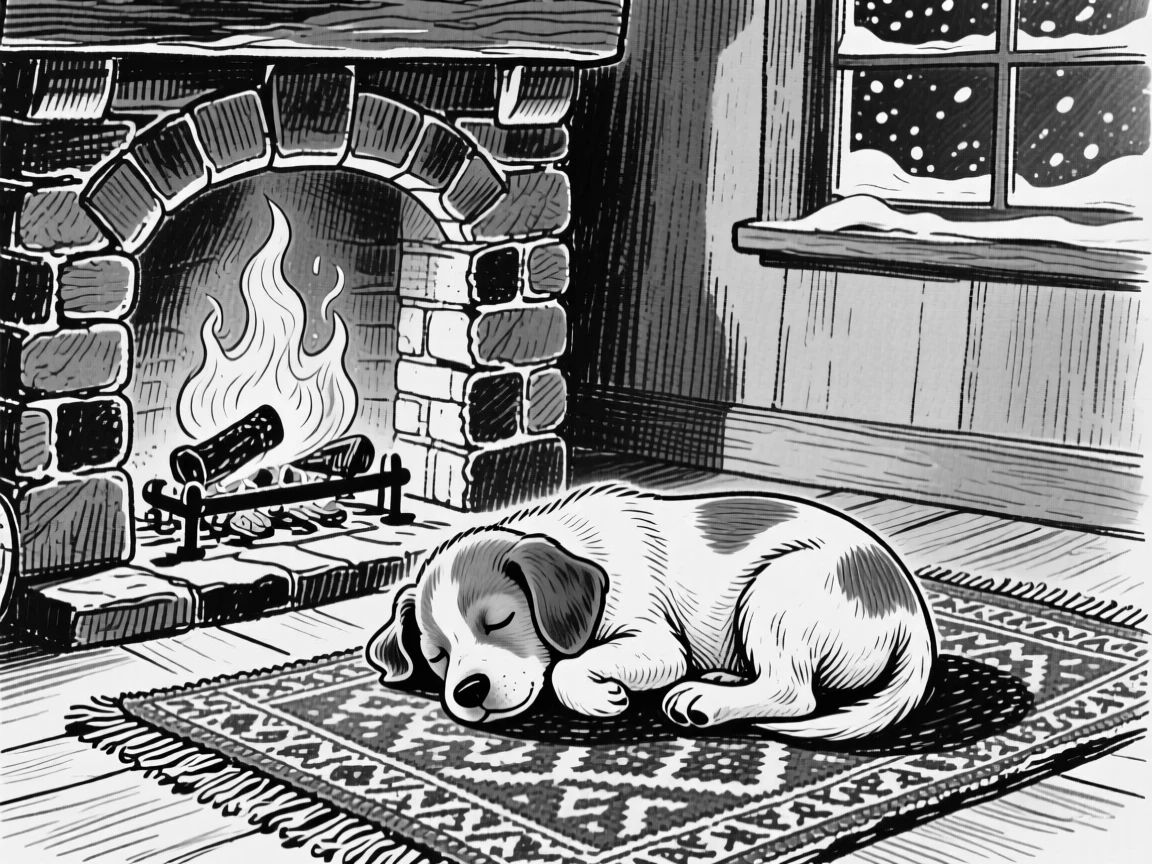 A puppy curled asleep beside a warm fireplace on a cold evening.