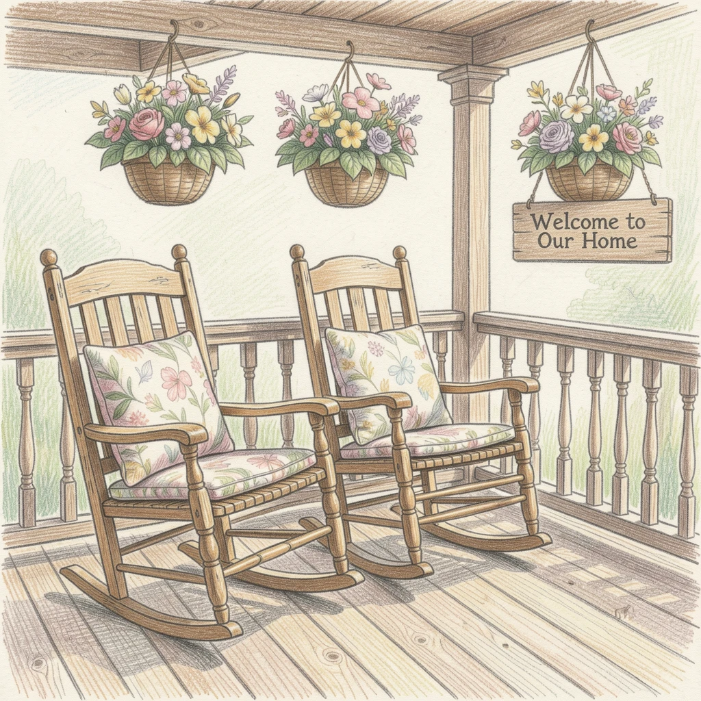 A farmhouse porch with rocking chairs and hanging flower baskets, with delicate details in the woodwork and fabric textures, capturing the simple joys of home and hearth.