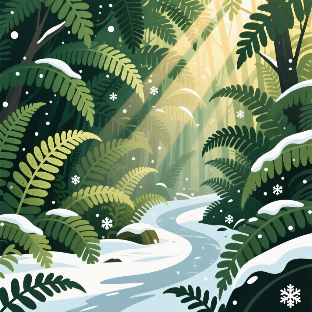 A dense fern forest with sunbeams piercing the canopy, surrounded by a light dusting of fresh snow, captured with a gentle curve guiding the eye through the scene, with a fresh, crisp clarity that highlights every detail.