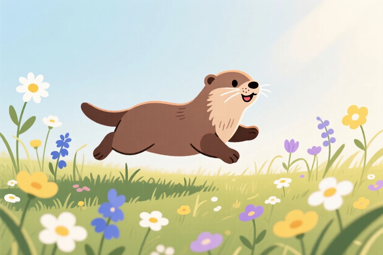 A playful otter pup hopping through wildflowers in a sunny meadow.