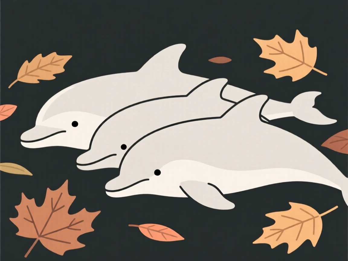 A close-up view of a dolphin pod resting peacefully, surrounded by scattered autumn leaves, full of gentle curiosity.