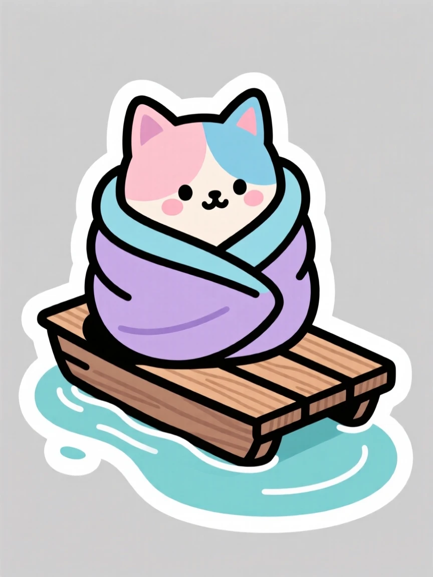 A shy pastel-colored kitten wrapped in a cozy blanket burrito, on a raft drifting down a gentle stream.