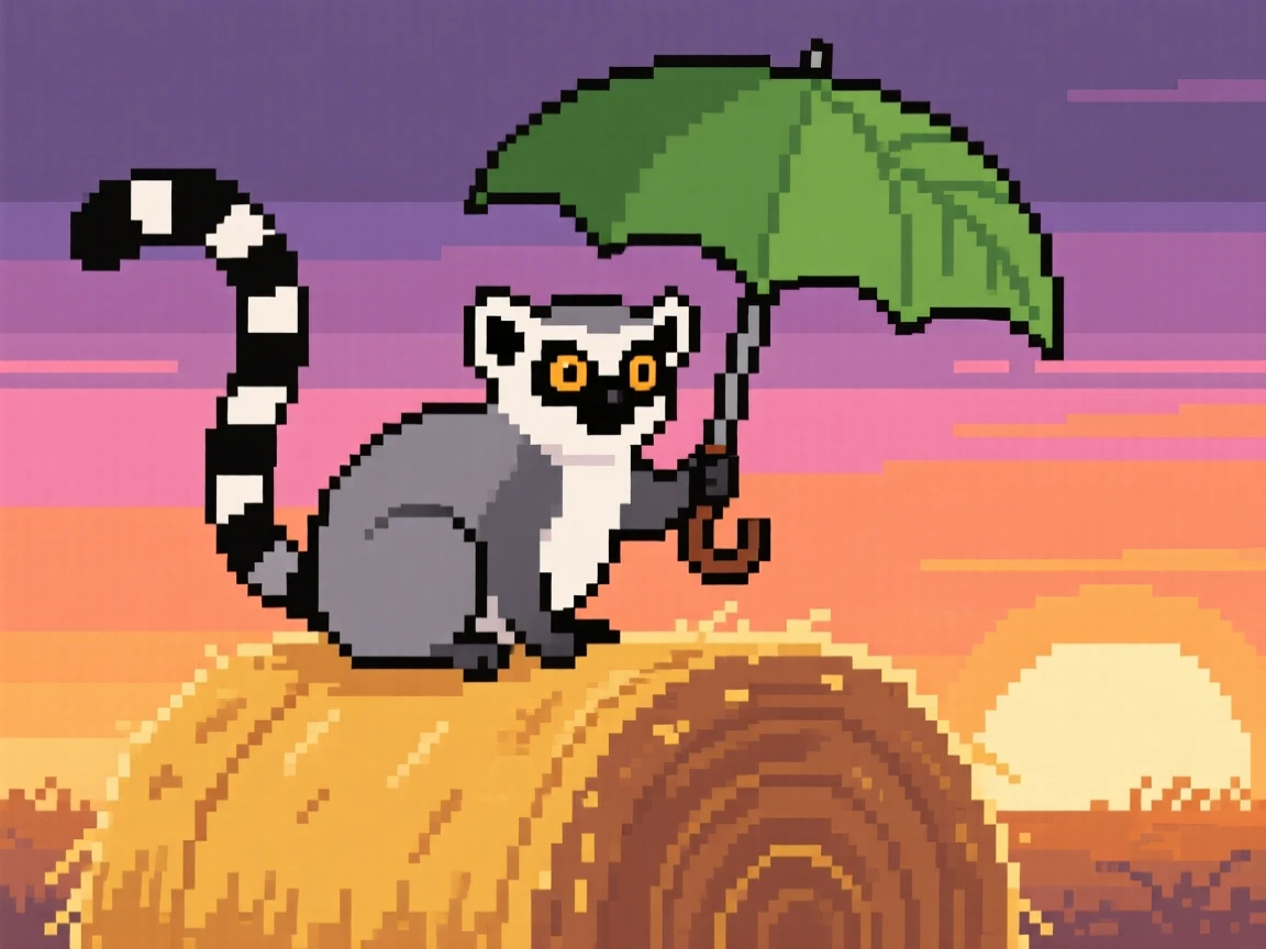 A wide-eyed lemur carrying an umbrella made from a leaf, on top of a haystack at sunset.