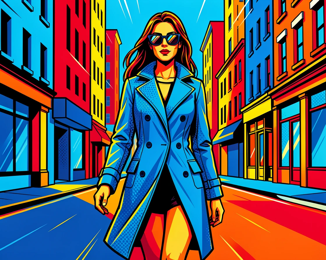 A woman walking a city street in a trench coat and sunglasses