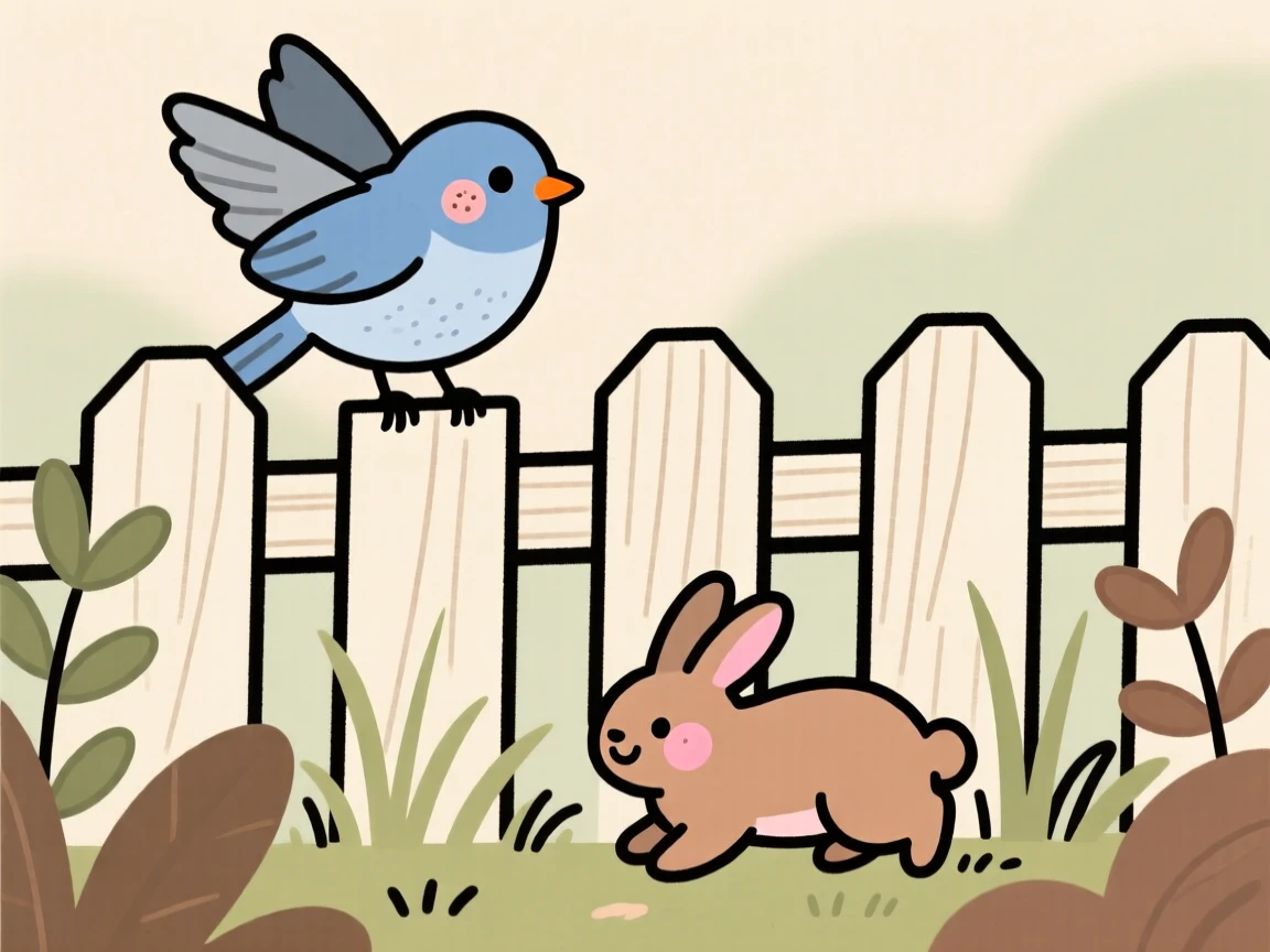 A bluebird perches on a garden fence, fluffing its wings while a rabbit moves quietly through the underbrush below.