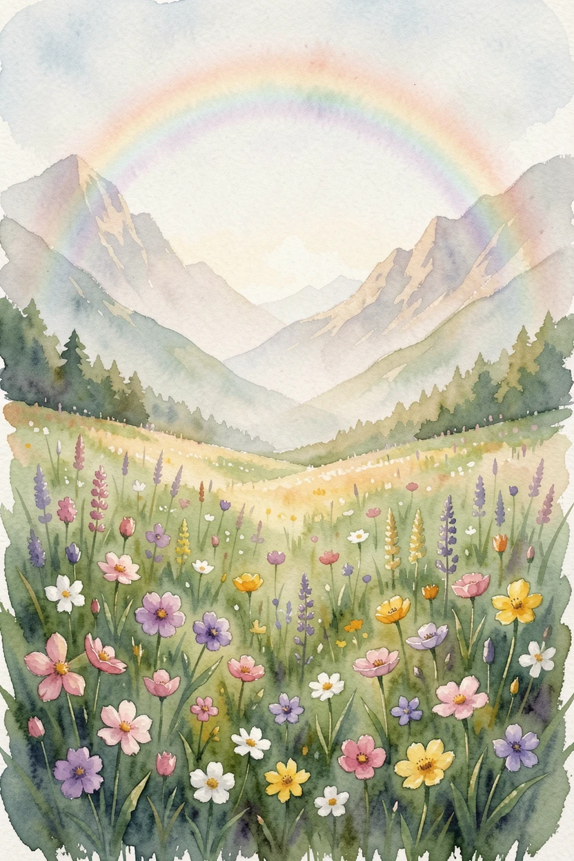 An alpine meadow full of wildflowers beneath a rainbow after rain with distant peaks fading into haze.