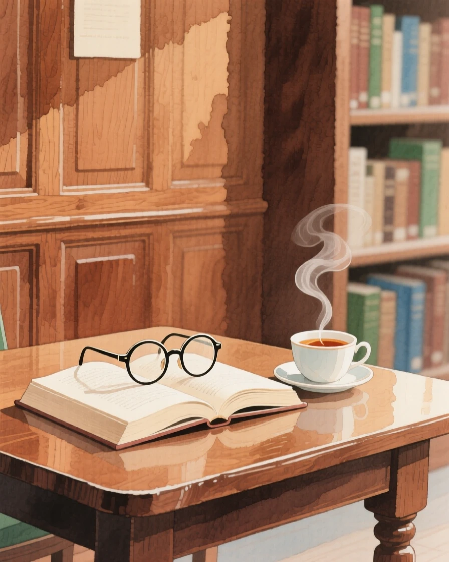 A charming view of a wood-paneled library, with steam rising from a fresh cup of tea, featuring a pair of reading glasses resting on an open book