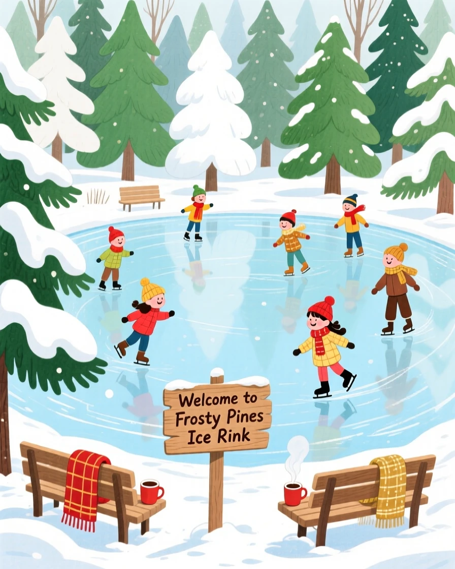 A festive scene of an ice skating pond surrounded by snow-covered pine trees.