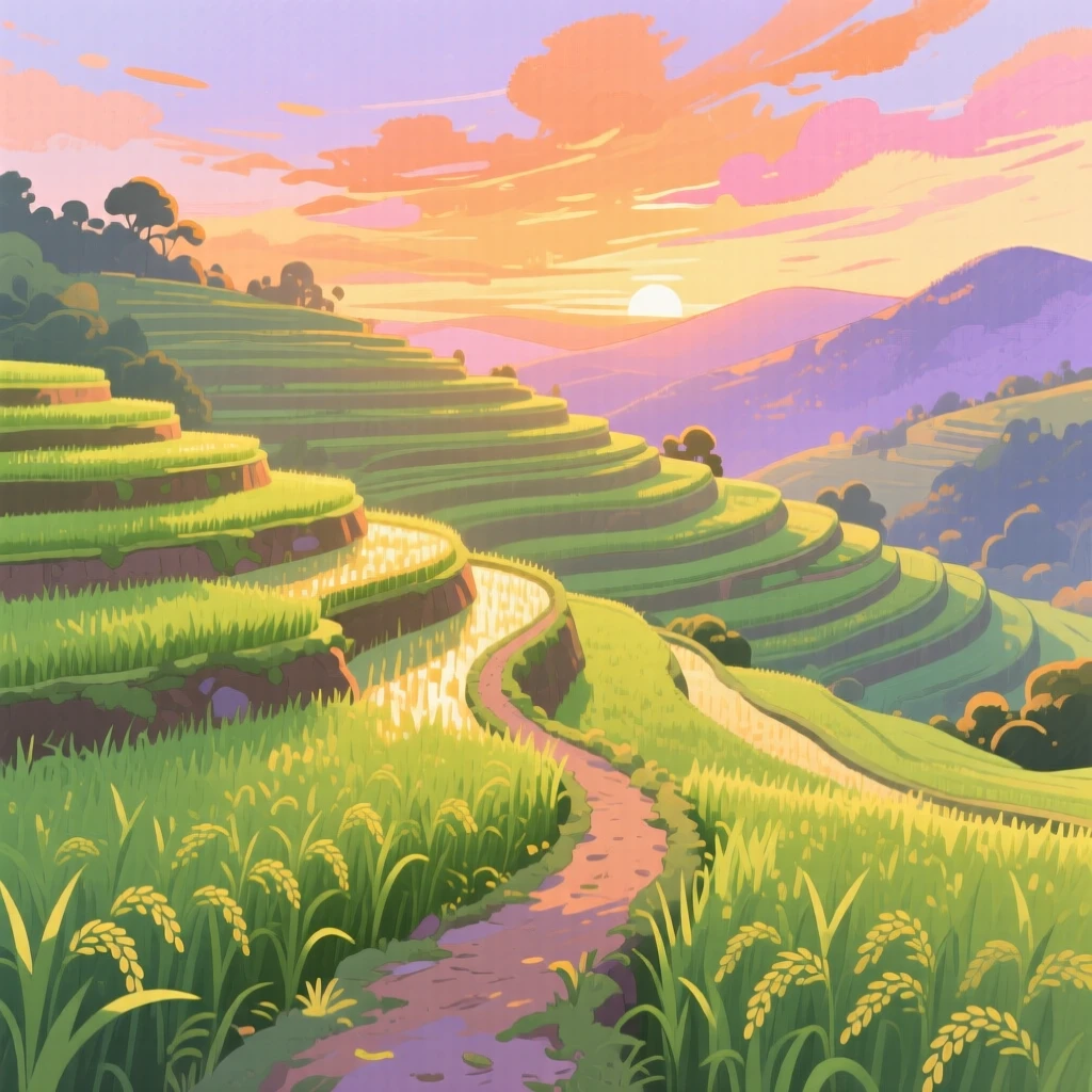 A tranquil rice terrace glowing at sunset, with a winding dirt path disappearing into the distance, inspiring a sense of calm and wonder.