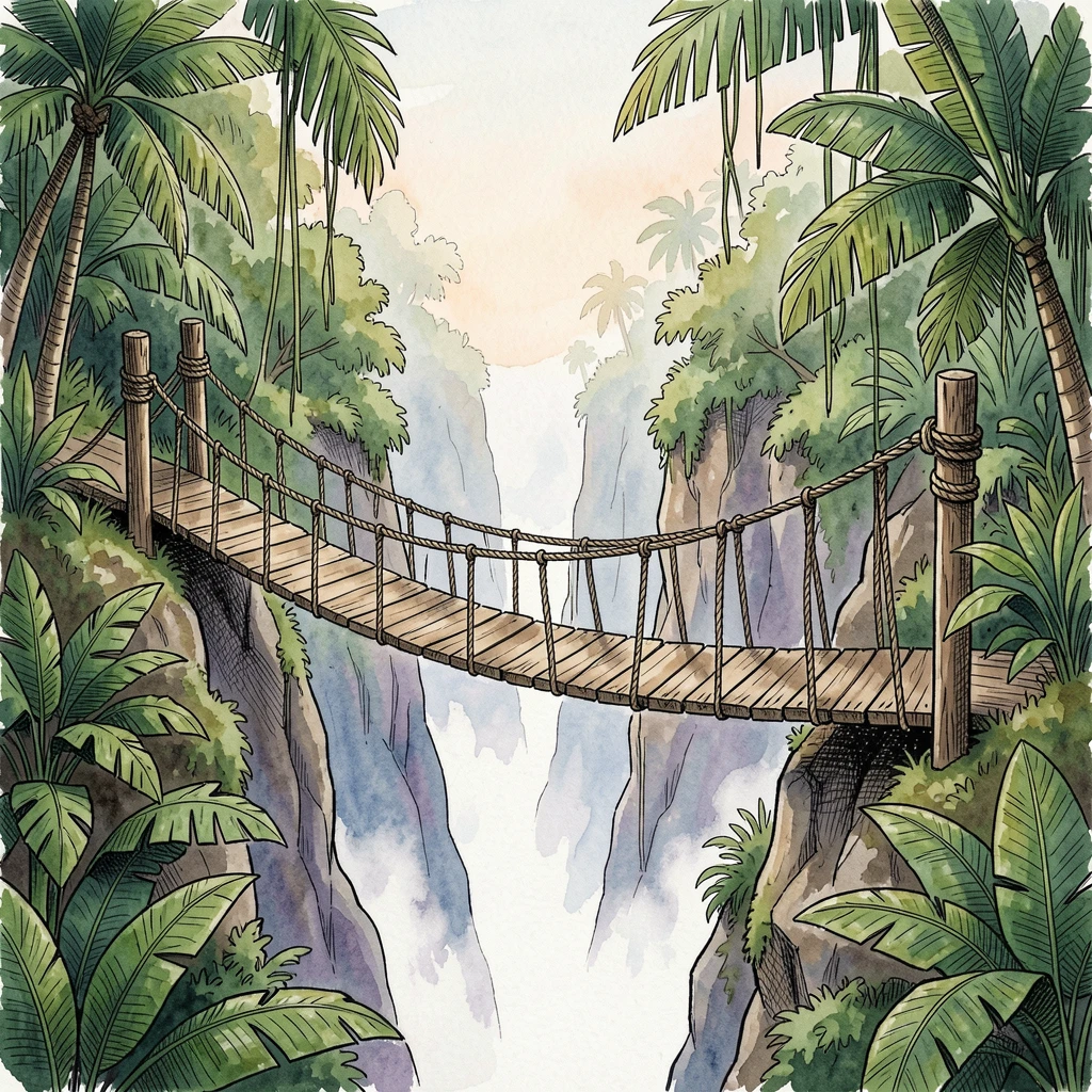 A rope bridge swaying gently across a deep jungle gorge, mist rising from the canopy below