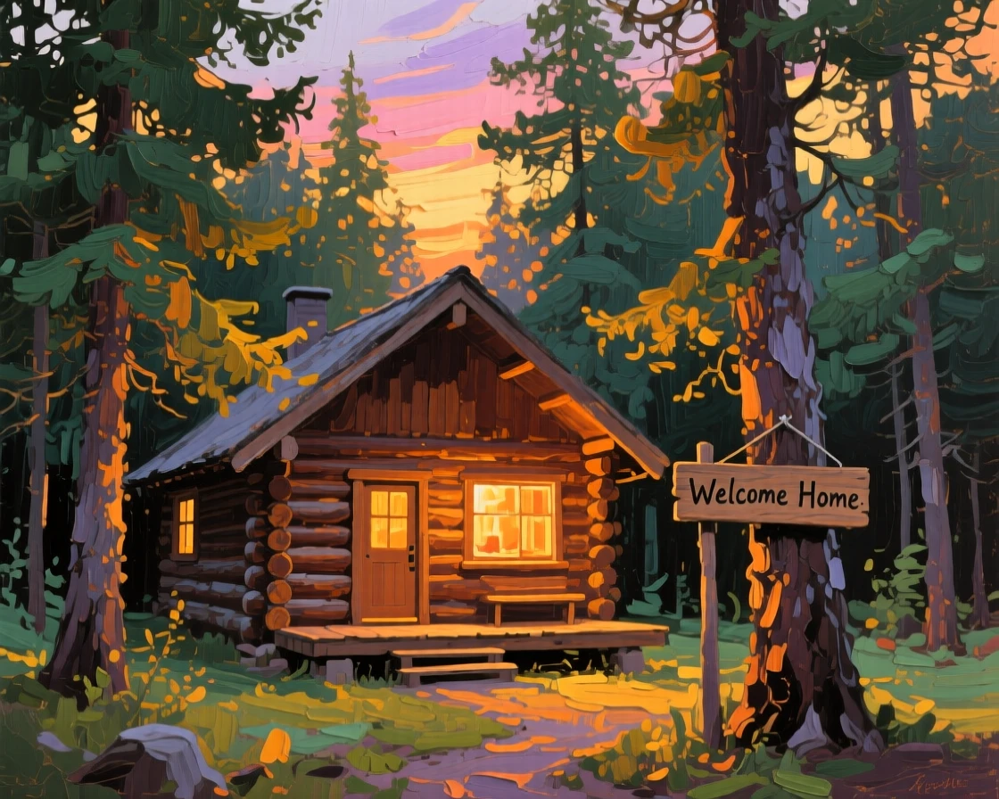 a cabin glowing through tall evergreens, at the end of a warm day, from an inviting eye-level viewpoint.