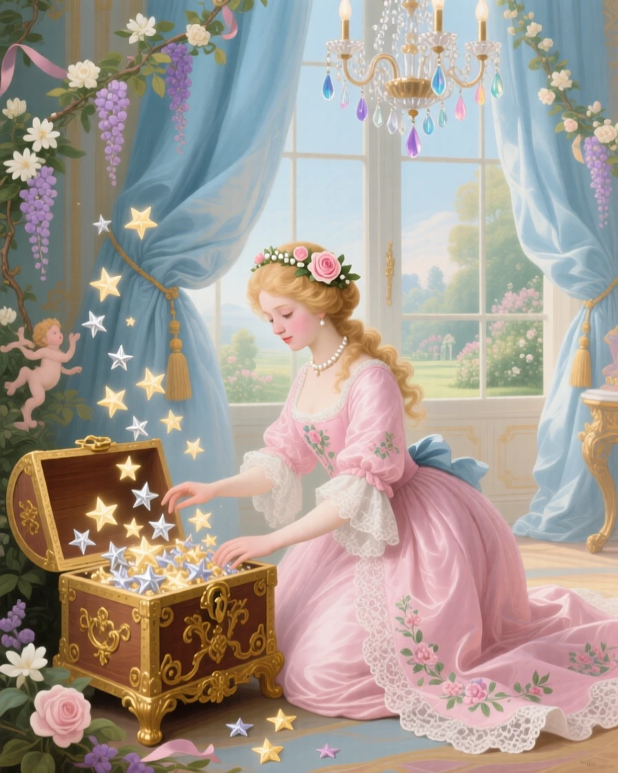 A princess opening a treasure chest filled with miniature stars  
