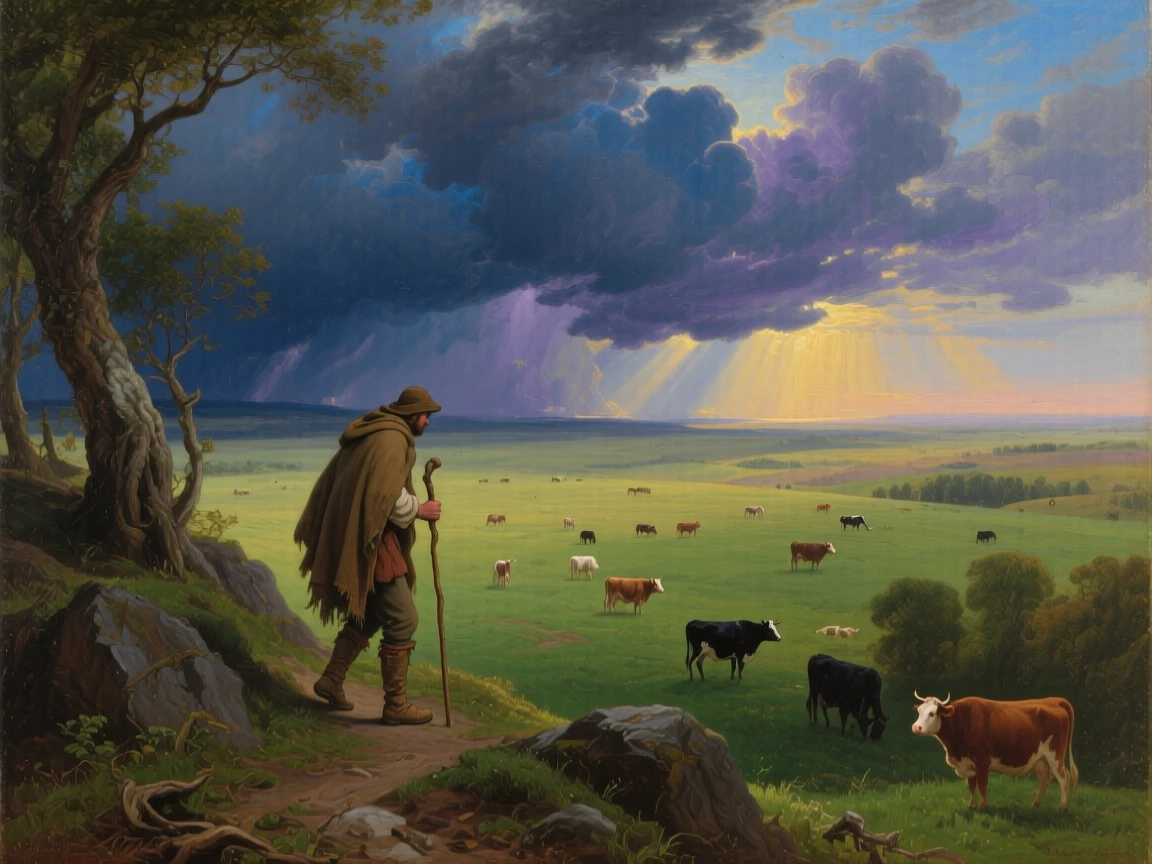 A solitary wanderer descends into a wide plain dotted with grazing cattle beneath a darkening sky.