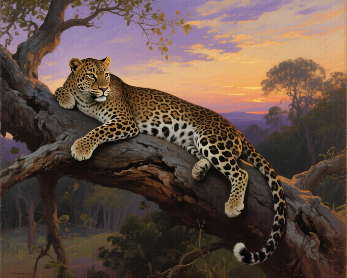 A leopard resting draped over a thick tree branch at dusk, its posture radiating quiet strength and dignity, highlighting the quiet majesty found in the natural world
