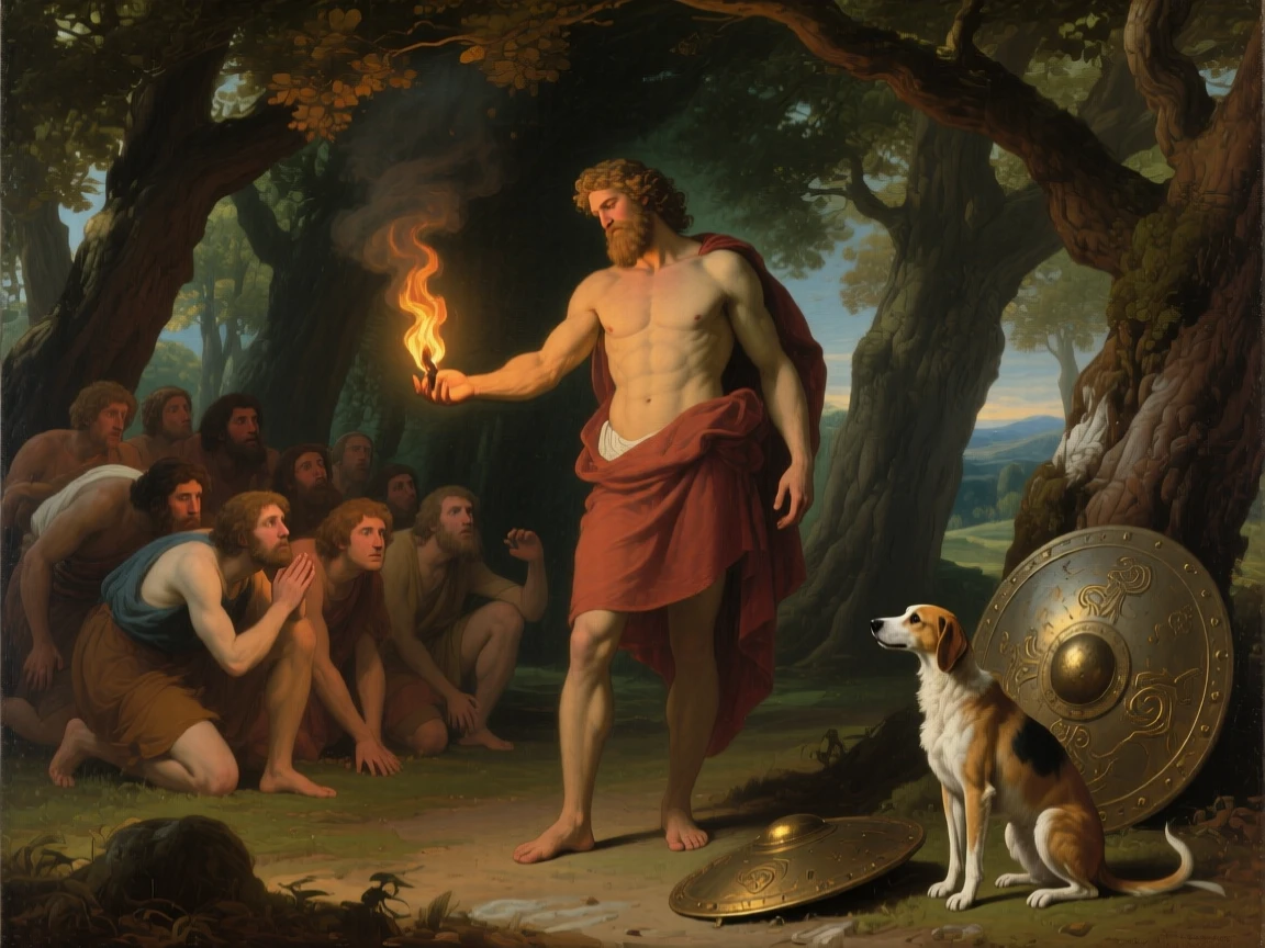 The Titan Prometheus offering fire to huddled mortals while onlookers lean forward in astonishment, set beneath a canopy of ancient oaks in a sacred grove, with a faithful hound and a fallen shield resting nearby; a low vantage point emphasizes the towering scale of the moment, charged with heroic resolve and quiet foreboding.