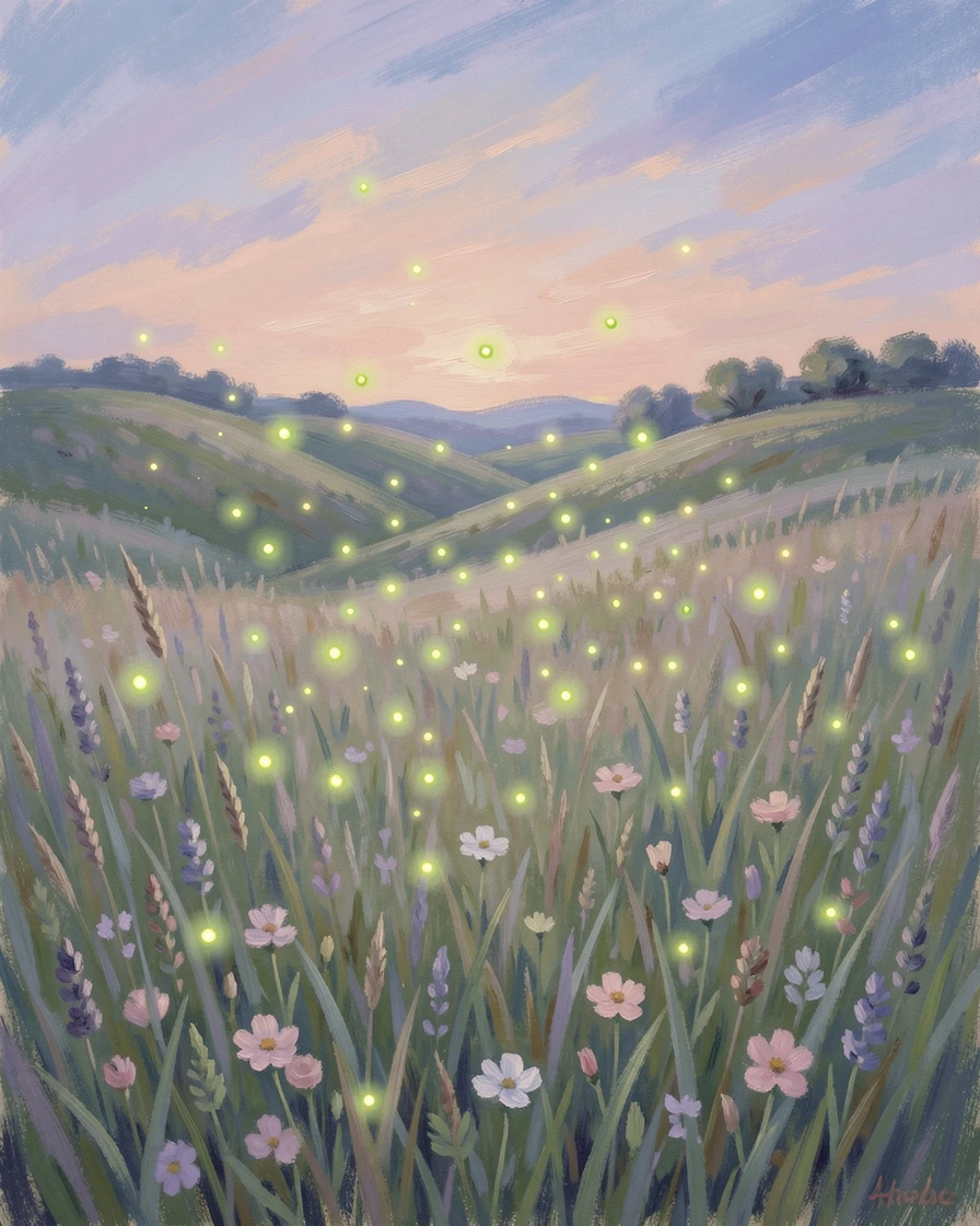 A cluster of fireflies glowing softly above a summer meadow at dusk.