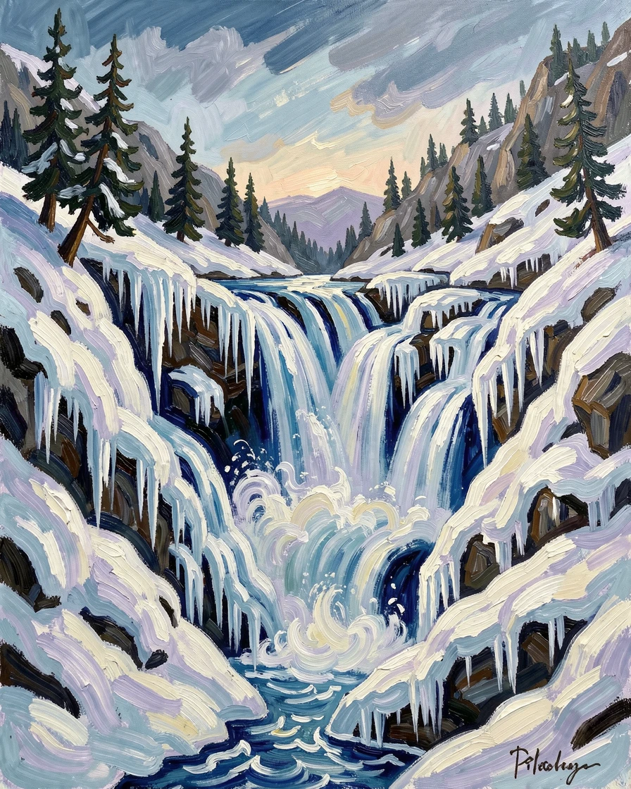 A mountain waterfall freezing mid-flow into delicate icicles during a cold snap.