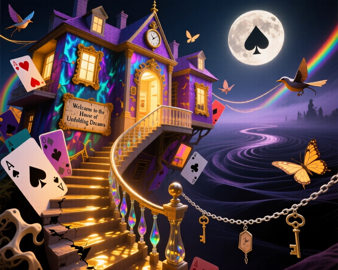 A mansion whose rooms are stacked like playing cards sits quietly at the edge of an endless staircase, while a soft golden light seeps from every crack.