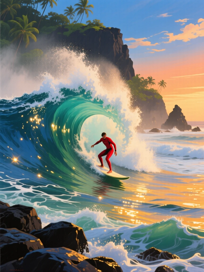 A dramatic wave breaks perfectly along the coast of Hawaii's North Shore, a surfer carving through the barrel, spray catching the late afternoon light, the air carrying a faint mist that softens distant shapes without obscuring the overall view.