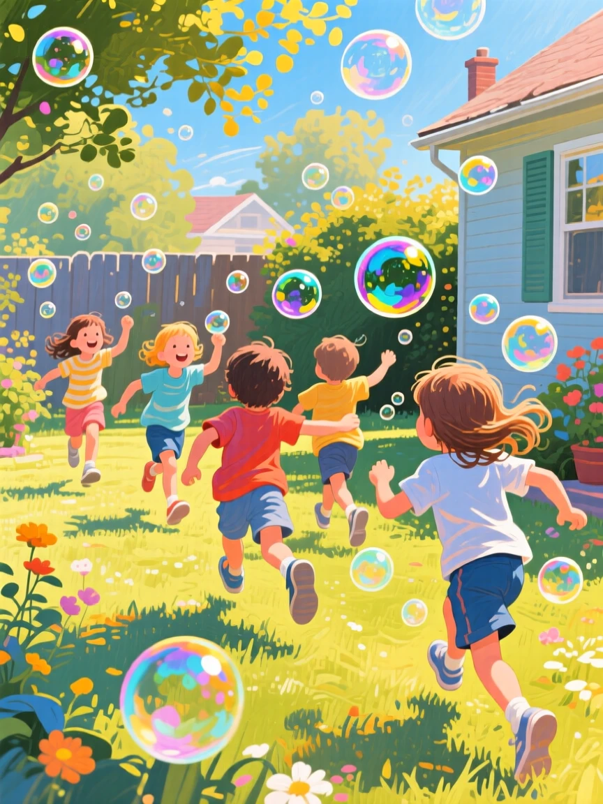 A group of children chasing bubbles through a sunlit backyard on a lazy summer afternoon