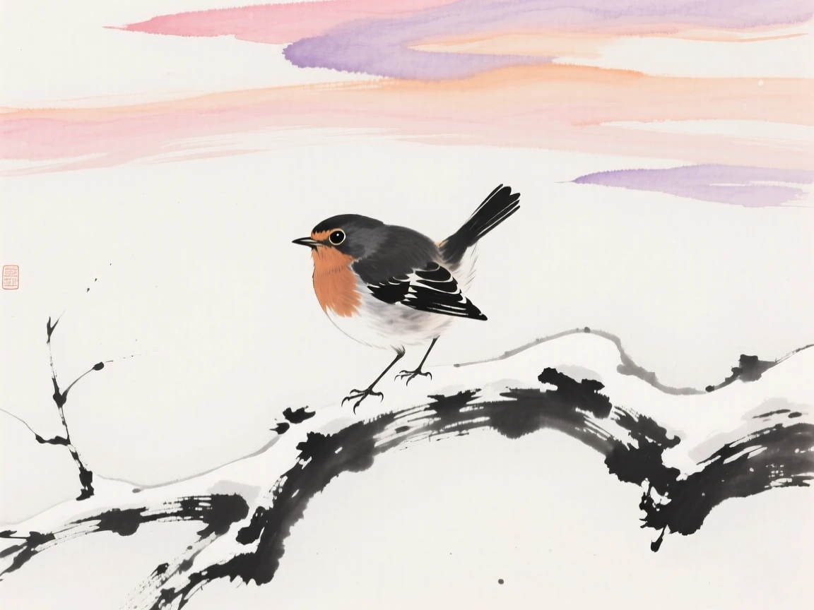 A robin rests on a snow-covered branch, beneath a sky streaked with the colors of dawn.
