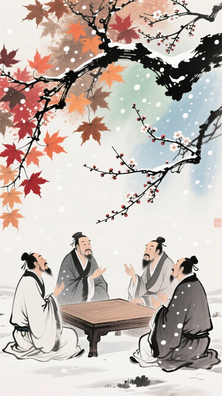 A group of scholars debating poetry beneath a canopy of maple leaves, as the last plum blossoms cling to bare branches, beneath softly falling snow.