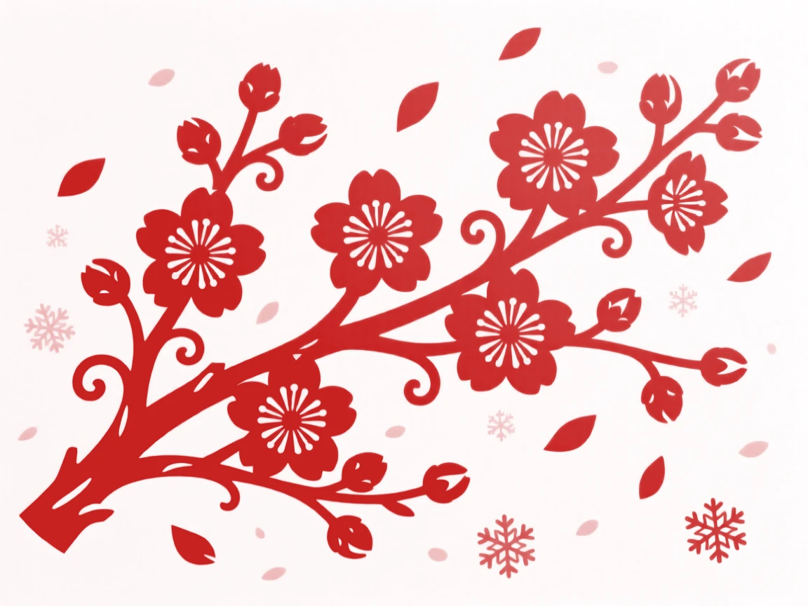 A cherry blossom branch in full bloom stretching across a blue sky, petals drifting down like gentle snow