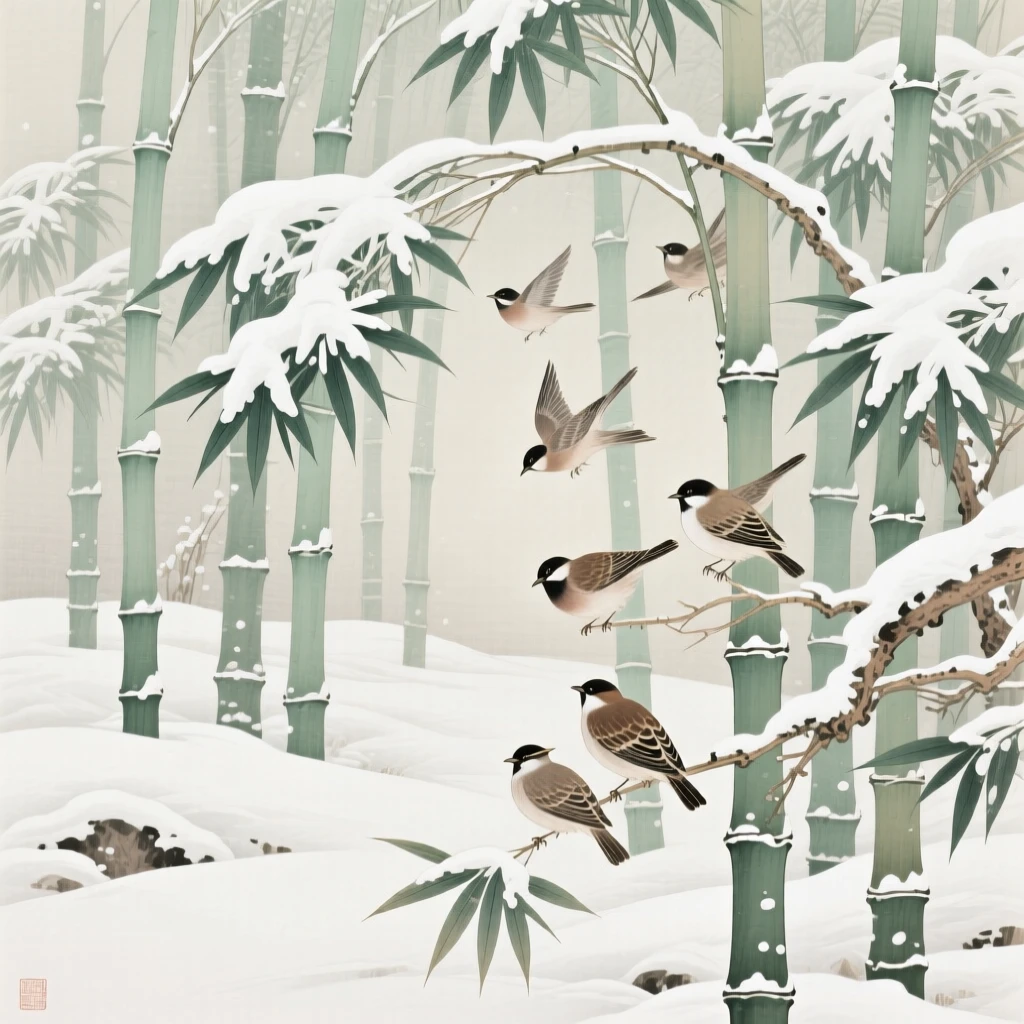 Fresh snow blanketing a bamboo grove in winter silence, as small birds gather among the branches